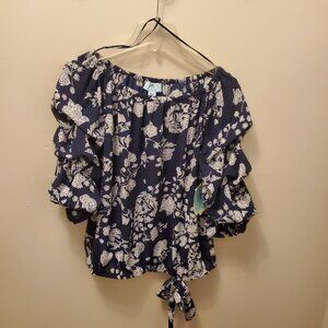 Women's New w/tag CeCe Blouse, Size L, Blue, floral, gather sleeve, bottom tie.